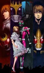  4boys blue_dress brown_hair commentary_request dress expressionless female hikari_natsumi kamen_rider kamen_rider_blade kamen_rider_blade_(king_form) kamen_rider_blade_(series) kamen_rider_dcd kamen_rider_decade kamen_rider_diend kamen_rider_kiva kamen_rider_kiva_(emperor_form) kamen_rider_kiva_(series) kamen_rider_kuuga kamen_rider_kuuga_(series) kamen_rider_kuuga_(ultimate_form) kenzaki_kazuma kurenai_wataru long_sleeves looking_at_viewer moi_(yfvlibbl9i) multiple_boys shaded_face standing 