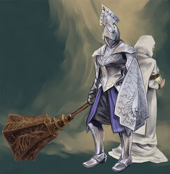  1boy armor asanagi back-to-back breastplate commentary_request demon&#039;s_souls dress female full_armor garl_vinland helmet holding holding_weapon huge_weapon mace maiden_astraea photoshop_(medium) shield standing weapon 