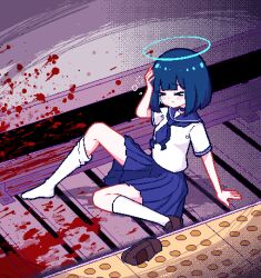  &gt;_&lt; angel aqua_eyes aqua_hair arm_support blood blood_splatter blue_choker blue_hair blue_neckerchief blue_sailor_collar blue_skirt blunt_bangs blunt_ends blush bob_cut breasts brown_footwear chibikki choker closed_eyes closed_mouth collarbone collared_shirt colored_inner_hair commentary dazed dithered_background dithering dot_mouth dress_shirt fallen_down female full_body halo hand_on_own_head implied_death knee_up leaning_back loafers multicolored_hair nanako_(chibikki) neckerchief on_ground original pink_background pixel_art pleated_skirt railroad_tracks sailor_collar school_uniform serafuku shirt shoes short_hair simple_background single_loose_sock single_shoe sitting skirt small_breasts socks solo squeans subway subway_station symbol-only_commentary tactile_paving train_station_platform two-tone_hair unworn_shoe vignetting wariza white_shirt white_socks 