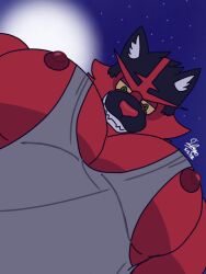  anthro big_pecs clothing fur generation_7_pokemon grey_clothing grey_shirt grey_tank_top grey_topwear grin grinning_at_viewer incineroar larger_male looking_at_viewer looking_down looking_down_at_viewer low-angle_view male muscular muscular_male nintendo nipples pec_pov_meme pecs pokemon pokemon_(species) red_body red_fur saddragon16_(artist) shirt size_difference smile solo tank_top topwear worm&#039;s-eye_view 