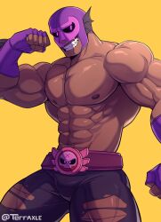  1boy abs bara biceps brawl_stars dark-skinned_male dark_persona dark_skin el_primo flexing head_wings highres large_pectorals looking_at_viewer male_focus muscular muscular_male nipples official_alternate_costume pectorals shredded_muscles solo standing terraxle thick_thighs thighs v-taper wings wrestler wrestling_outfit 