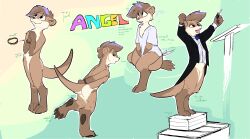  angel_(np_eazy) anthro baton bow_tie bracelet clothing conducting_baton conductor digitigrade feet hi_res jewelry male mammal membrane_(anatomy) model_sheet mustelid np_eazy otter oversized_clothing pawpads paws podium river_otter shirt suit t-shirt toes topwear webbed_feet webbed_hands 