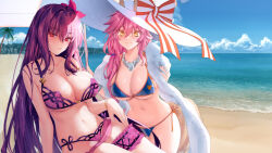  2girls animal_ears bare_legs bare_shoulders beach bikini blue_bikini blue_sky blush bow bracelet breasts bridal_garter cleavage closed_mouth cloud collarbone commentary_request day ears_through_headwear fate/grand_order fate_(series) flower fox_ears fox_girl fox_tail hair_flower hair_ornament hat hat_bow highres jewelry kneeling large_bow large_breasts long_hair looking_at_viewer low-tied_long_hair multiple_girls navel necklace obiwan ocean on_ground orange_ribbon outdoors palm_tree pink_flower pink_hair purple_bikini purple_hair red_eyes ribbon scathach_(fate) scathach_(swimsuit_assassin)_(fate) side-tie_bikini_bottom sidelocks signature sitting skindentation sky smile stomach striped_bow sun_hat sweat swimsuit tail tamamo_(fate) tamamo_no_mae_(swimsuit_lancer)_(fate) tamamo_no_mae_(swimsuit_lancer)_(third_ascension)_(fate) towel tree very_long_hair water yellow_eyes yokozuwari 