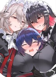  3girls alexandrina_sebastiane belle_(zenless_zone_zero) black_hair blue_hair blush breast_press breasts brown_eyes clenched_teeth closed_eyes colored_inner_hair commentary ellen_joe girl_sandwich grey_hair hair_between_eyes hair_ornament hairclip highres large_breasts letter_hair_ornament licking_lips maid_headdress multicolored_hair multiple_girls open_mouth red_eyes red_hair sandwiched shibenc16e4 simple_background symbol-only_commentary symmetrical_docking teeth tongue tongue_out two-tone_hair upper_body white_background yuri zenless_zone_zero 