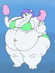  2018 3:4 3_toes 5_fingers anthro barefoot batspid2 bear belly belly_tuft big_belly big_breasts bikini biped black_eyebrows black_nose blue_background breasts candy clothing cotton_candy dessert digital_drawing_(artwork) digital_media_(artwork) double_chin eyebrow_through_hair eyebrows eyelashes feet female fingers flat_colors food full-length_portrait fur glistening glistening_eyes glistening_nose green_bikini_bottom green_bikini_top green_eyes hair hi_res holding_food holding_object huge_breasts huge_hips huge_thighs love_handles mammal midriff navel navel_piercing obese obese_anthro obese_female overweight overweight_anthro overweight_female piercing polar_bear portrait purple_hair round_ears short_hair signature simple_background snowy_(bluebrush) solo standing swimwear thick_thighs three-quarter_view toes translucent translucent_hair tuft two-piece_swimsuit ursine white_body white_fur wide_hips 