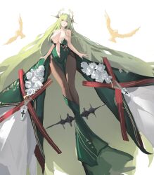  azur_lane bare_shoulders breasts brown_pantyhose center_opening cleavage clothing_cutout dress dress_flower female flower flying full_body green_dress green_hair hair_branch highres large_breasts long_hair looking_at_viewer lump_saury napoli_(azur_lane) navel_cutout pantyhose purple_eyes rose simple_background solo strapless strapless_dress very_long_hair white_background white_flower white_rose 