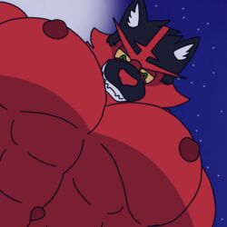  abs animated anthro big_pecs flexing fur generation_7_pokemon grin grinning_at_viewer half-length_portrait incineroar larger_male looking_at_viewer looking_down looking_down_at_viewer low-angle_view male muscular muscular_anthro muscular_male nintendo nipples pec_flexing pec_pov_meme pecs pokemon pokemon_(species) portrait red_body red_fur saddragon16_(artist) short_playtime size_difference smile solo worm&#039;s-eye_view 