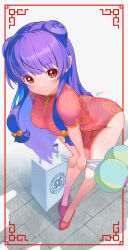  absurdres ass bell border china_dress chinese_clothes chui_(weapon) commentary double_bun dress female food_delivery_box from_above hair_bell hair_bun hair_ornament highres holding holding_weapon inset_border itou_kazuki leaning_forward long_hair looking_at_viewer okamochi_(container) ornate_border purple_hair ranma_1/2 red_eyes shampoo_(ranma_1/2) signature slippers solo stone_floor tangzhuang weapon 