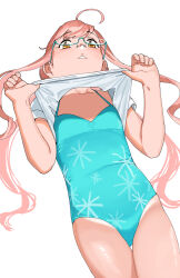  aqua-framed_eyewear aqua_one-piece_swimsuit ass_visible_through_thighs blue-framed_eyewear casual_one-piece_swimsuit double_bun female glasses hair_bun kantai_collection long_hair looking_at_viewer looking_down makigumo_(kancolle) makigumo_(swimsuit_mode)_(kancolle) ojipon one-piece_swimsuit pink_hair shirt smile solo stuffed_seal swimsuit swimsuit_under_clothes tied_shirt twintails white_background white_shirt yellow_eyes 