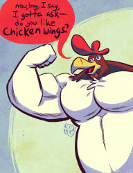  animal_humanoid anthro avian avian_humanoid beak bird chicken feathers flexible flexing flexing_bicep foghorn_leghorn galliform gallus_(genus) hi_res humanoid jasperthecrab looney_tunes male muscular muscular_male phasianid raised_arm solo warner_brothers white_body white_feathers yellow_beak 