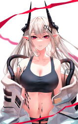  absurdres arknights black_sports_bra breasts cleavage earrings female highres horns jewelry jumpsuit kulthss large_breasts long_hair looking_at_viewer material_growth midriff mudrock_(arknights) mudrock_(elite_ii)_(arknights) navel open_jumpsuit oripathy_lesion_(arknights) parted_lips pointy_ears red_eyes simple_background solo sports_bra stomach white_background white_hair white_jumpsuit 