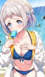  beach bikini blue_bikini blue_ribbon blush breasts cleavage collarbone commentary_request crouching_start female food front-tie_bikini_top front-tie_top gakuen_idolmaster grey_hair hair_ribbon half_up_braid hand_on_own_chest highres holding holding_food holding_ice_cream hood hooded_jacket ice_cream ice_cream_bar idolmaster jacket jacket_over_swimsuit katsuragi_lilja large_breasts licking licking_foot looking_at_viewer navel open_clothes open_jacket outdoors ribbon ribbon_braid short_hair side-tie_bikini_bottom solo stomach swimsuit tongue tongue_out two-sided_fabric two-sided_jacket white_jacket 