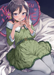  akebono_(11th_anniversary)_(kancolle) akebono_(kancolle) bell black_hair blush commentary_request dress female flower green_dress hair_bell hair_flower hair_ornament hairclip highres kantai_collection long_hair looking_at_viewer lying mizuta_kenji pantyhose pillow pink_flower ponytail purple_eyes purple_hair signature solo sweat twitter_username very_long_hair w white_pantyhose 