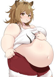  absurdres alternate_body_size amami_317 animal_ear_fluff animal_ears arknights big_belly breasts brown_eyes brown_hair closed_mouth collarbone commentary_request cowboy_shot fat female fur_trim hair_between_eyes highres large_breasts long_hair looking_at_viewer navel red_shorts shorts siege_(arknights) simple_background solo sweatdrop thick_arms thick_thighs thighs white_background 