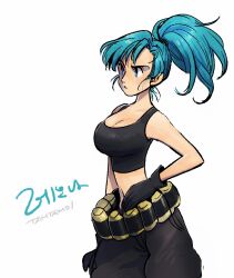  ammunition_belt artist_name black_gloves black_pants black_tank_top blue_eyes blue_hair character_name closed_mouth commentary_request crop_top female gloves hand_on_own_hip korean_commentary leona_heidern navel pants signature simple_background tamtamdi tank_top the_king_of_fighters white_background 