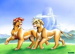  ambiguous_gender blonde_mane blue_eyes blue_sky cloud cloud_strife detailed_background disney duo felid feral final_fantasy final_fantasy_vii fur grass hi_res lion mammal mane mountain noki001 open_mouth orange_body orange_fur pantherine paws plant red_mane simba_(the_lion_king) sky square_enix sunny tail the_lion_king walking whiskers 