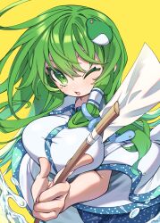  ;d absurdres bad_anatomy breasts eyebrows_hidden_by_hair female foreshortening frog_hair_ornament gohei green_eyes green_hair hair_ornament hair_tubes highres holding holding_stick kochiya_sanae large_breasts light_blush long_hair looking_at_viewer one_eye_closed open_mouth simple_background smile snake_hair_ornament solo stick sumiyama_sui touhou very_long_hair water yellow_background 