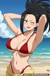  ai_generated aindroidparanoid ass beach big_breasts bikini black_eyes black_hair boku_no_hero_academia busty huge_ass huge_breasts large_ass large_breasts large_butt momo_yaoyorozu my_hero_academia narrow_waist ocean outdoors sand stable_diffusion swimsuit wide_hips yaoyorozu_momo 