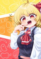  ascot blonde_hair boned_meat collared_shirt crop_top egg female food hair_ornament highres index_finger_raised kebab long_sleeves looking_at_viewer meat medium_hair midriff nail_polish open_mouth red_eyes ribs_(food) rion_(user_ufvg8527) rumia sausage sharp_teeth shirt smile solo teeth touhou 