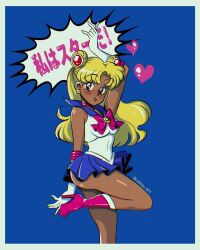  alternate_skin_color bare_shoulders bishoujo_senshi_sailor_moon blonde_hair blue_sailor_collar blue_skirt blush bow bowtie brown_eyes dark-skinned_female dark_skin double_bun earrings gloves guibley33 hair_bun highres jewelry leotard looking_at_viewer miniskirt parted_bangs pleated_skirt red_bow red_bowtie red_footwear sailor_collar sailor_moon shiny_skin skirt sleeveless translation_request underbutt white_gloves white_leotard 