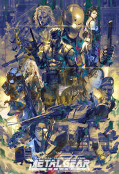  3girls 6+boys abs aircraft artist_name assault_rifle balaclava bandana belt belt_pouch beret black_choker black_tank_top blood blood_in_hair blue_headband box braveking breasts cardboard_box choker cleavage coat codec_call collared_shirt copyright_name cyborg english_commentary fingerless_gloves gas_mask gatling_gun glasses gloves gray_fox gun hair_over_one_eye hal_emmerich handgun hat headband helicopter high_collar highres holding holding_gun holding_weapon lab_coat large_breasts liquid_snake long_hair mask mei_ling meryl_silverburgh metal_gear_(series) metal_gear_rex metal_gear_solid military_uniform minigun multiple_boys multiple_girls muscular muscular_male necktie ninja one-eyed oni_mask pants parted_bangs pectorals ponytail pouch psycho_mantis revolver_ocelot rifle roy_campbell scar shirt short_hair sideboob snake_box_sneak sneaking_suit sniper_rifle sniper_wolf solid_snake standing suppressor sword tank_top thigh_strap uniform utility_belt vulcan_raven weapon wolf 