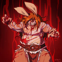  anthro arthur_(lapinbeau) barbarian blood bodily_fluids bottomwear clothing hair half-closed_eyes hi_res lagomorph lapinbeau leporid loincloth long_fangs long_hair male mammal muscle_tone musclegut muscular muscular_anthro muscular_male narrowed_eyes pants pecs rabbit red_background simple_background slightly_chubby slightly_chubby_anthro slightly_chubby_male snarling solo wristband 