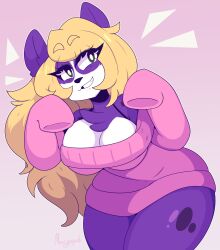  anthro bear big_breasts blonde_hair blooper_(dooper64) bra_strap breasts chest_tuft cleavage clothed clothing female fur giant_panda grey_eyes hair hi_res long_hair mammal marysquid pink_background pink_clothing pink_sweater pink_topwear purple_body purple_fur simple_background smile solo sweater thick_thighs topwear tuft white_body white_fur wide_hips 