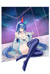  :3 absurdres alternate_costume azur_lane bare_shoulders blue-tinted_eyewear blue_eyes blue_hair boots breasts cleavage closed_mouth commentary_request dress female goggles goggles_on_head hair_between_eyes headgear high_heel_boots high_heels highres jacket large_breasts long_hair looking_at_viewer new_jersey_(azur_lane) ocean open_clothes open_jacket purple_sky revision short_dress sitting sky smile solo suo_bu_ye_feng thick_thighs thigh_boots thighs tinted_eyewear very_long_hair white_background white_dress white_jacket 