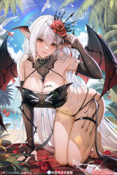  artist_name barefoot beach bikini bilibili_logo bird black_bikini black_bridal_gauntlets black_gloves blush breasts bridal_gauntlets cleavage closed_mouth coconut_tree commentary criss-cross_halter day demon_wings elbow_gloves female fingerless_gloves flower glass_bottle gloves hair_flower hair_ornament halterneck hand_in_own_hair head_wings heart_o-ring highres indie_virtual_youtuber large_breasts leaf long_hair looking_at_viewer mu_xiaoling multi-strapped_bikini_bottom navel o-ring o-ring_bikini o-ring_top ocean outdoors palm_tree pixiv_id pixiv_logo pointy_ears red_eyes red_flower red_petals solo squatting swimsuit thigh_strap tree twitter_x_logo very_long_hair virtual_youtuber watermark weibo_logo white_bird white_hair wings yuxing_yuhang 