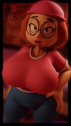  1girls 2021 3d 3d_(artwork) alternate_breast_size artist_name big_breasts blender blender_(software) breasts brown_hair digital_media_(artwork) drakepowers eyelashes family_guy female female_focus female_only fingers glasses hand_on_hip hat huge_breasts lips looking_at_viewer meg_griffin short_hair simple_background simple_eyes smile standing tan_body tan_skin thick_thighs tongue voluptuous watermark wide_hips 