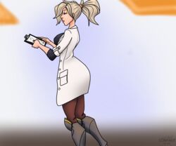  blonde_female blonde_hair clipboard clothed confade female female_only mercy nurse overwatch overwatch_2 ponytail sideboob standing 