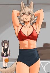  2girls abs alternate_costume animal_ear_fluff animal_ears armpits arms_behind_head ball basketball_(object) basketball_court bow buruma camisole dropping feet_out_of_frame grey_hair hairbow highres himekaidou_hatate inubashiri_momiji long_hair looking_at_viewer multiple_girls ramnik5 red_eyes short_hair shorts signature sports_bra sportswear standing sweat tail toned touhou twintails very_long_hair wolf_ears wolf_girl wolf_tail 