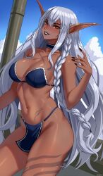  absurdres artist_name bikini black_lips black_nails blue_bikini blue_sky body_markings braid breasts choker cleavage cloud collarbone dark-skinned_female dark_elf dark_skin earclip elf english_commentary female grey_hair hair_between_eyes hand_up highres large_breasts linea_alba long_hair looking_at_viewer nail_polish navel original pointy_ears red_eyes single_braid sky smile solo stomach swimsuit thighs toned_female ultrabinou very_long_hair 