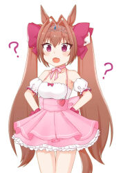  :o ? absurdres animal_ears back_bow bare_shoulders blush_stickers bow breasts brown_hair brown_tail cleavage collarbone cosplay cowboy_shot daiwa_scarlet_(umamusume) detached_sleeves di_gi_charat dice_hair_ornament dress dress_bow female frilled_dress frilled_sleeves frills furrowed_brow hair_between_eyes hair_intakes hair_ornament hairbow hands_on_own_hips highres horse_ears horse_girl horse_tail layered_dress long_hair looking_at_viewer medium_breasts neck_ribbon oerba_yun_fang open_mouth pink_bow pink_ribbon pleated_dress puffy_short_sleeves puffy_sleeves purple_eyes red_bow red_wristband ribbon shiro_(branch0126) short_dress short_sleeves simple_background skin_fang sleeveless sleeveless_dress solo standing straight_hair tail thigh_gap tiara twintails two-tone_dress umamusume usada_hikaru very_long_hair white_background wristband 