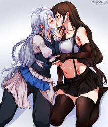  2girls black_hair braid breasts closed_eyes crop_top crossover earrings final_fantasy final_fantasy_vii final_fantasy_vii_remake final_fantasy_xvi fingerless_gloves gloves grey_hair highres jewelry jill_warrick kissing long_hair low-tied_long_hair mina_cream multiple_girls navel skirt suspenders tank_top tifa_lockhart yuri 