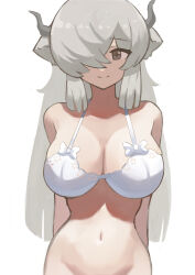  absurdres arms_behind_back bare_arms bare_shoulders bottomless bra breasts brown_eyes cleavage cowboy_shot eyes_visible_through_hair female grey_hat grey_horns groin hair_over_one_eye hat highres horns kemono_friends large_breasts long_bangs long_hair looking_at_viewer navel one_eye_covered ox_ears ox_girl ox_horns simple_background smile solo straight-on underwear white_background white_bra yak_(kemono_friends) zuchi00 