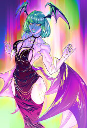  2024 5_fingers bangs bent_arm black_clothing black_dress breasts capcom chains claws clothing collarbone colored colored_nails darkstalkers digital_drawing_(artwork) digital_media_(artwork) dress eyelashes female fingernails fingers hair head_wings hi_res hollow_hip_backless_chain_dress humanoid lips looking_at_viewer medium_hair membrane_(anatomy) membranous_wings meme meme_clothing morrigan_aensland nails not_furry purple_wings rainbow_background sebastian_von_buchwald shaded simple_background smile smiling_at_viewer solo standing succubus tan_body tan_skin teal_fingernails teal_hair teal_lips teal_nails three-quarter_view white_claws wide_hips wing_claws winged_humanoid wings yellow_eyes 