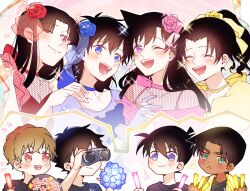  4boys 4girls binoculars blonde_hair blue_bow blue_choker blue_eyes blue_flower blue_rose bow breasts brown_hair choker cleavage closed_eyes commentary_request dark-skinned_male dark_skin fishnet_top fishnets flower flying_sweatdrops glowstick green_eyes hair_flower hair_ornament hakuba_saguru hand_on_another&#039;s_shoulder hattori_heiji highres holding holding_binoculars holding_glowstick holding_hands holding_sign idol koizumi_akako kudou_shin&#039;ichi kuroba_kaito long_hair looking_at_another magic_kaito meitantei_conan momomo35293 motion_lines mouri_ran multiple_boys multiple_girls nakamori_aoko one_eye_closed open_mouth parted_lips pink_bow pink_choker pink_flower pink_rose ponytail puffy_sleeves purple_eyes red_bow red_choker red_eyes red_flower red_rose rose short_hair side_part sign sparkle tooyama_kazuha yellow_bow yellow_choker yellow_flower yellow_rose 