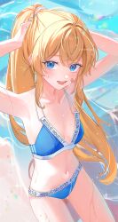  absurdres alternate_costume alternate_hairstyle bandaid bandaid_on_cheek bandaid_on_face beach bikini blonde_hair blue_eyes breasts chikyuu_(bohednsg) female goddess_of_victory:_nikke highres laplace_(nikke) long_hair looking_at_viewer oerba_yun_fang open_mouth ponytail sidelocks smile swimsuit water 