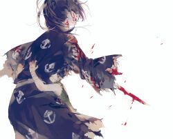  1boy black_hair black_kimono blood blood_on_clothes blood_on_face crying dororo_(character) dororo_(tezuka) female hug hyakkimaru_(dororo) japanese_clothes kimono long_hair prosthetic_weapon shirt simple_background sleeveless sleeveless_shirt syokuuuuuuuuumura torn_clothes torn_kimono white_background 