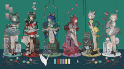  6+girls animal animal_ear_fluff animal_ears aqua_background aqua_eyes aqua_hair black_footwear blue_eyes blue_flower blue_hair blunt_bangs bow breasts cable cat_ears cat_girl cat_tail chino_(valis) commentary_request cooler crt electric_plug feline flower frilled_skirt frilled_sleeves frills full_body green_eyes green_flower green_hair grey_hair hairbow hands_up high_heels highres holding kamitsubaki_studio kneeling light_bulb long_hair long_sleeves looking_at_viewer love_letter midriff mouse_(animal) multiple_girls myu_(valis) neffy_(valis) nekosuke_(oxo) nina_(valis) pennant pink_eyes platform_footwear purple_flower rara_(valis) red_eyes red_flower red_hair shelf shirt short_hair short_sleeves sinsekai_studio sitting skirt sleeveless socks standing stool stuffed_animal stuffed_cat stuffed_toy suitcase tail teardrop_facial_mark tile_floor tiles valis_(sinsekai) virtual_youtuber vitte_(valis) white_cat white_flower white_hair yellow_eyes yellow_flower 