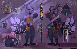  avian bird bladed_weapon canid canine corvid corvus_(genus) crow dagger errokioslem fox hi_res hybrid male mammal melee_weapon oscine outfit_reference outfit_sheet passerine staff sword weapon 