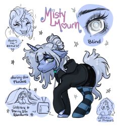  absurd_res blind blush bottomwear braces clothing collar daring_do_(mlp) disability english_text equid equine fan_character female feral friendship_is_magic hair hair_bun hasbro hi_res hoodie horn horse hotpants legwear mammal mane messy_hair messy_mane messy_tail misty_mourn_(kaktus_knight) model_sheet my_little_pony mythological_creature mythological_equine mythology opalacorn plushie pony shorts simple_background smile solo stockings tail text topwear unicorn white_background 