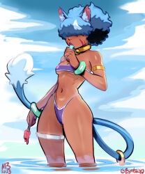  animal_ear_fluff animal_ears armlet artist_name bandeau bangle bell big_hair bikini blue_fur blue_hair bracelet breasts cat_ears cat_girl cat_tail choker cloud cowboy_shot dark-skinned_female dark_skin dated eating eymbee facial_mark female food food_in_mouth gold_armlet gold_choker hair_over_eyes highleg highleg_bikini holding holding_food holding_popsicle jewelry jingle_bell medium_breasts melting neck_bell original popsicle popsicle_in_mouth purple_bandeau purple_bikini shiny_skin sky solo standing strapless swimsuit tail tail_ornament tail_ring thick_thighs thigh_strap thighs three_quarter_view underboob wading water whisker_markings 