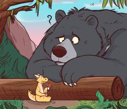  2024 anthro baloo bear berry branch claws disney duo eating exclamation_point eye_contact fangs feral food fruit fur hi_res horn kobold looking_at_another male mammal micro nude outside plant question_mark razigator scales scalie signature sitting size_difference teeth the_jungle_book tree 