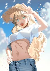  :d alternate_costume aqua_eyes bird blonde_hair breasts cloud cloudy_sky commentary_request cropped_shirt day denim female from_below girls&#039;_frontline hat highres korean_commentary long_hair looking_at_viewer medium_breasts midriff navel open_mouth outdoors s.a.t.8_(girls&#039;_frontline) seagull shirt sky smile solo straw_hat sun_hat teeth upper_body upper_teeth_only v white_shirt yongsadragon 