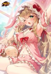  armpits babydoll blonde_hair bow braid dice eliisa_(mahjong_soul) female frilled_babydoll frilled_shorts frills green_eyes highres indoors logo long_hair mahjong_soul navel official_art one_eye_closed open_mouth pink_babydoll pink_shorts red_bow rubbing_eyes second-party_source sheep shorts sitting solo very_long_hair wariza watermark window yawning yuzuna_hiyo 