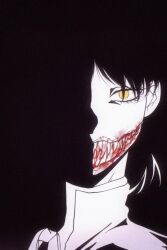  blood blood_in_mouth chinese_commentary commentary_request female goushen0309 highres looking_at_viewer mileena_(mortal_kombat) mortal_kombat_(series) portrait sharp_teeth shirt short_hair solo spot_color teeth yellow_eyes 