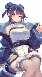  absurdres bare_shoulders blue_hair blue_jacket breasts cowboy_shot duel_monster evil_twin_lil-la female fishnet_thighhighs fishnets highres jacket kanzakietc large_breasts leotard lil-la_(yu-gi-oh!) official_alternate_costume simple_background solo thighhighs white_background white_leotard yu-gi-oh! 