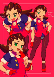  absurdres brown_hair cropped_jacket crotch_plate dress earrings female gloves green_eyes hairband hand_on_own_hip highres jacket jewelry laughing mega_man_(series) mega_man_legends mega_man_legends_(series) multiple_views ojou-sama_pose open_clothes open_jacket pantyhose short_dress skull_brooch skull_earrings tron_bonne_(mega_man) yodok 